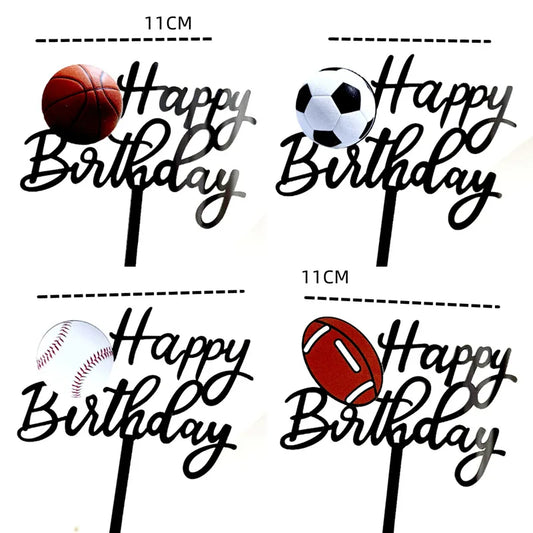 New Football Happy Birthday Cake Topper Decoration Basketball Tennis Rugby Acrylic Kids Party Gift Cake Toppers Baking Supplies