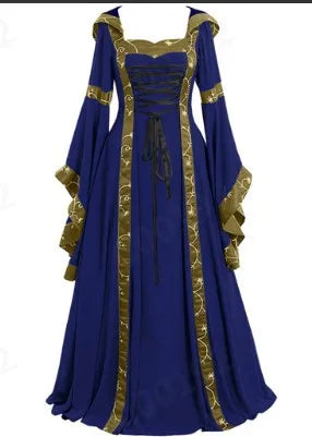 Women Medieval Floor Length Dress Cosplay Costumes Long Bell Sleeve Lace-Up Princess Long Dress Retro Gothic Dress Plus Size 5XL