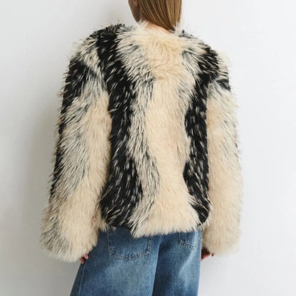Women Black & Beige Two-Tone Fur Fluffy Cropped Jacket, Open Front Collarless Side Pockets, Winter Warm Casual Street Outerwear