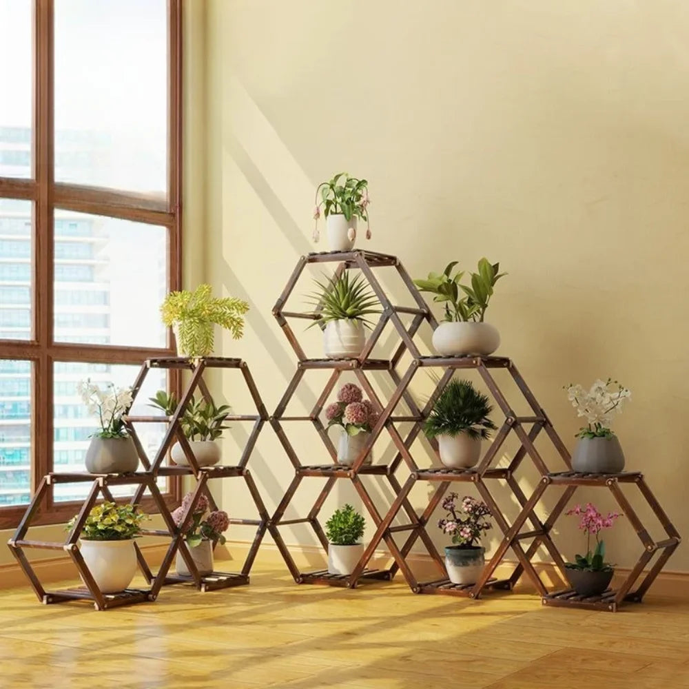 Solid Wood Plant Stand Outdoor for Multiple Plants Carbonized Wood Flower Pot Holder Heavy Duty Load Balcony Garden Home Decor
