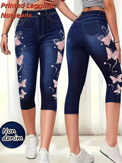 Women High Waist Slim Fit Floral Print Fake Denim 7/8 Cropped Capri Pants, Suitable For Daily Casual & Sports Wear