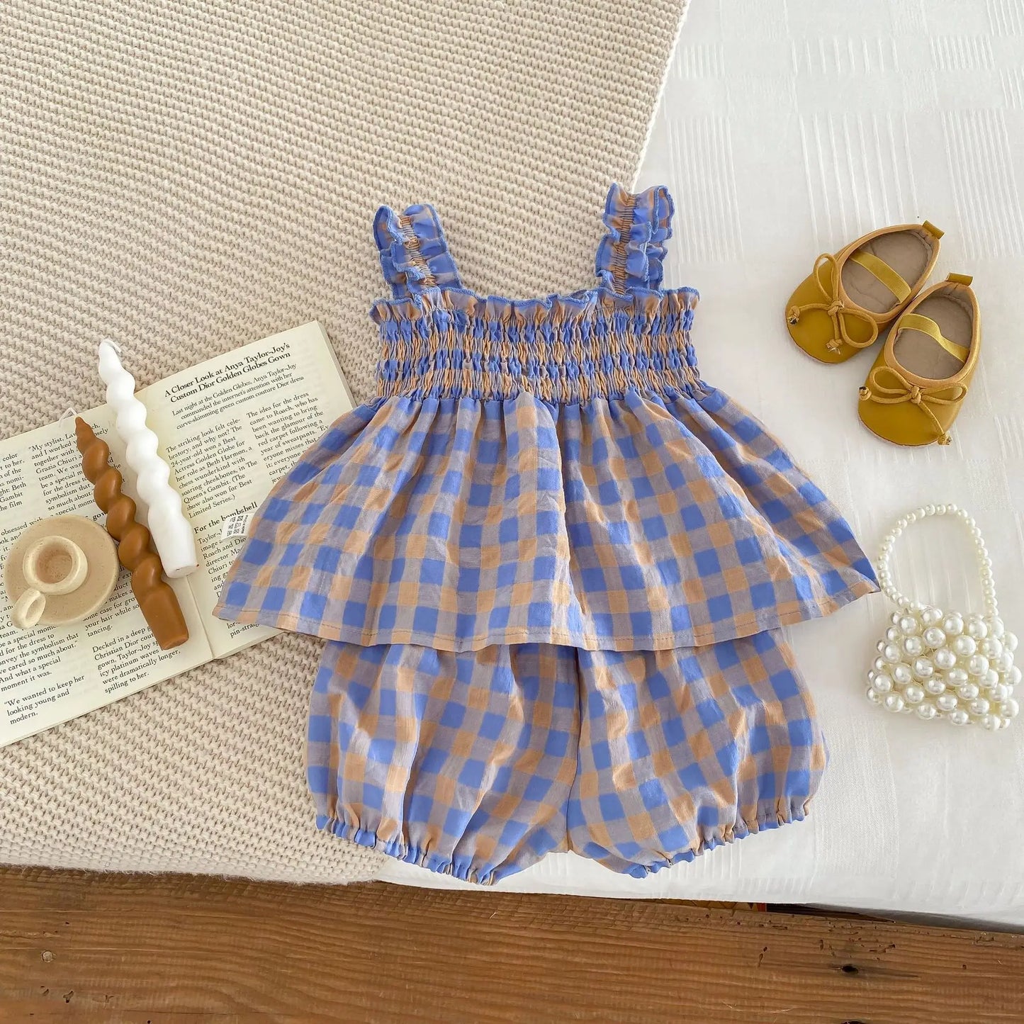 Korean Style Baby Girl Set Suspender Shirts with Shorts Purple Plaid Two Piece Suit Girls Summer Beach Casual Clothes