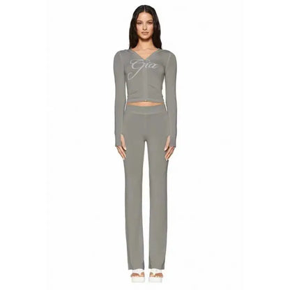 GIA Front Shoulder Slim Fit Jacket Pants Set with Letter Print Design Hooded Zipper Snake Pattern Short Fit Streetwear