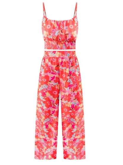 Women's Fashion Print Halter Sexy Short Top + Wide Leg Pant Suit Summer Casual Simple Sweet About Elegant Female Pant 2piece Set
