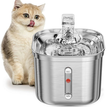 Cat Water Fountain 2.2L 304 Stainless Steel Three Gears Adjustable Inside Filters Silent Water Pump for Pet to Drink Water
