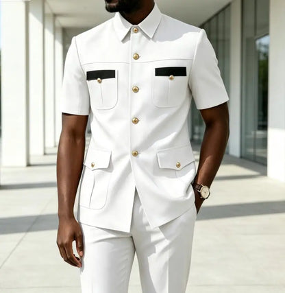 Luxury Men Suit Short Sleeves Safari Suit 2 Pieces Black Contrast Pockets Gold Button Business Wedding Party Casual Blazer Pants