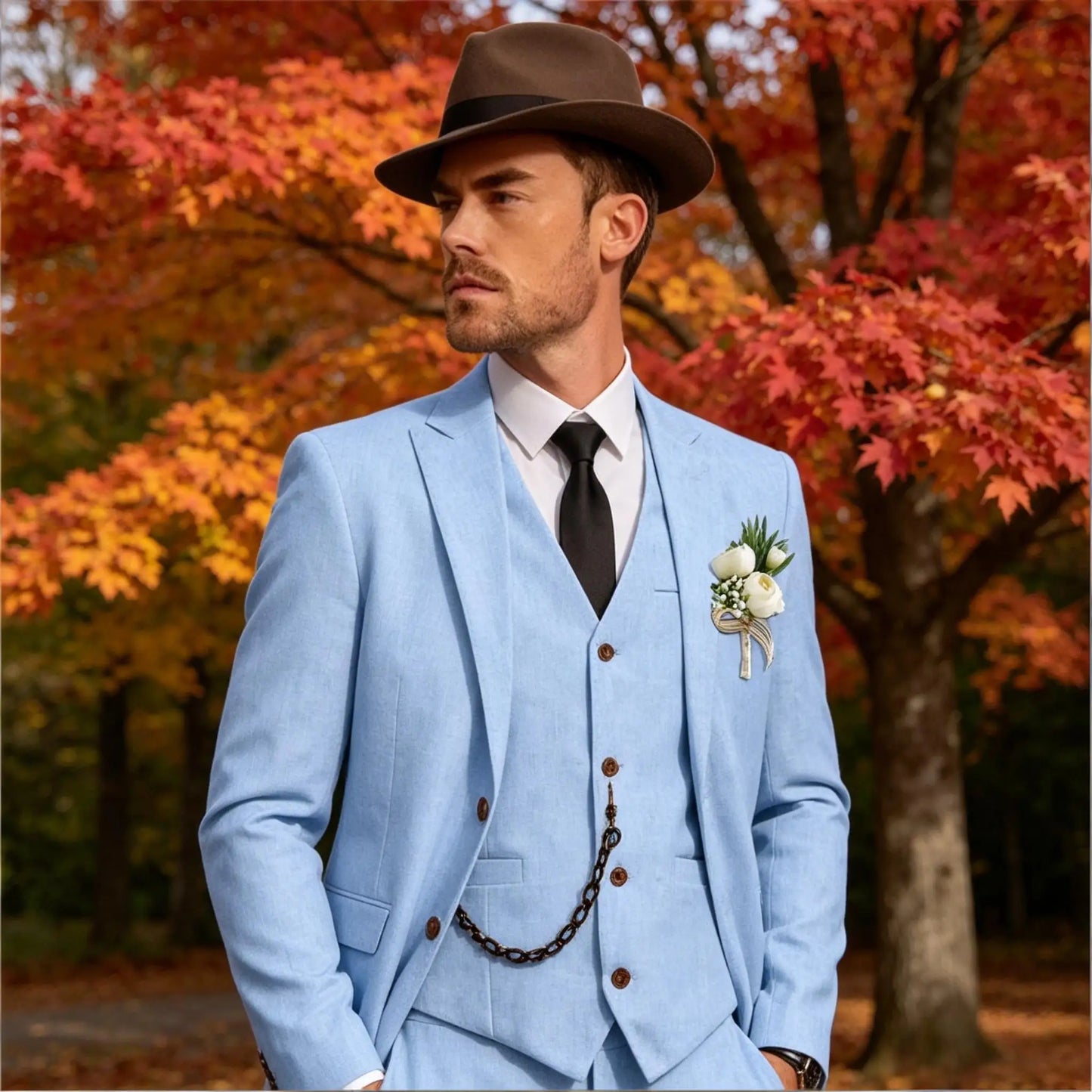 Men's 3 Piece Linen Suit, Slim Fit Notch Lapel Single Breasted Blazer Vest Pants Set Breathable Casual Business Wedding Suit