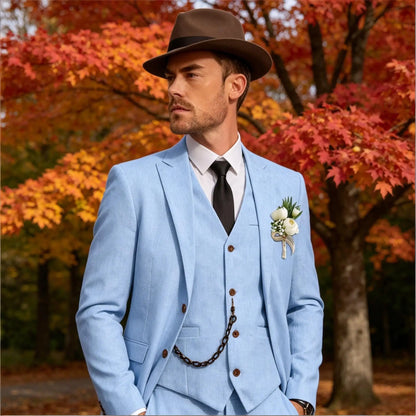 Men's 3 Piece Linen Suit, Slim Fit Notch Lapel Single Breasted Blazer Vest Pants Set Breathable Casual Business Wedding Suit