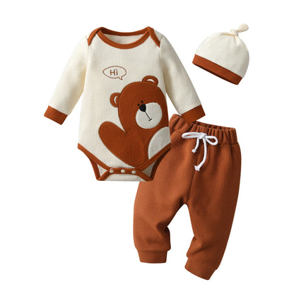Cute Newborn Infant Baby Boy Spring Autumn Clothes Set Bear Printed Long Sleeve Romper Bodysuit Top and Pants Long Cap Outfit