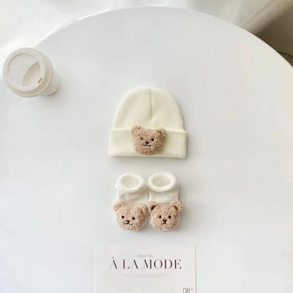 2PCS/Set New Cartoon Baby Hat Socks Cute Animal Woolen Warm Pullover Hats Winter Knitted Beanies Newborn Short Socks Boy Girl