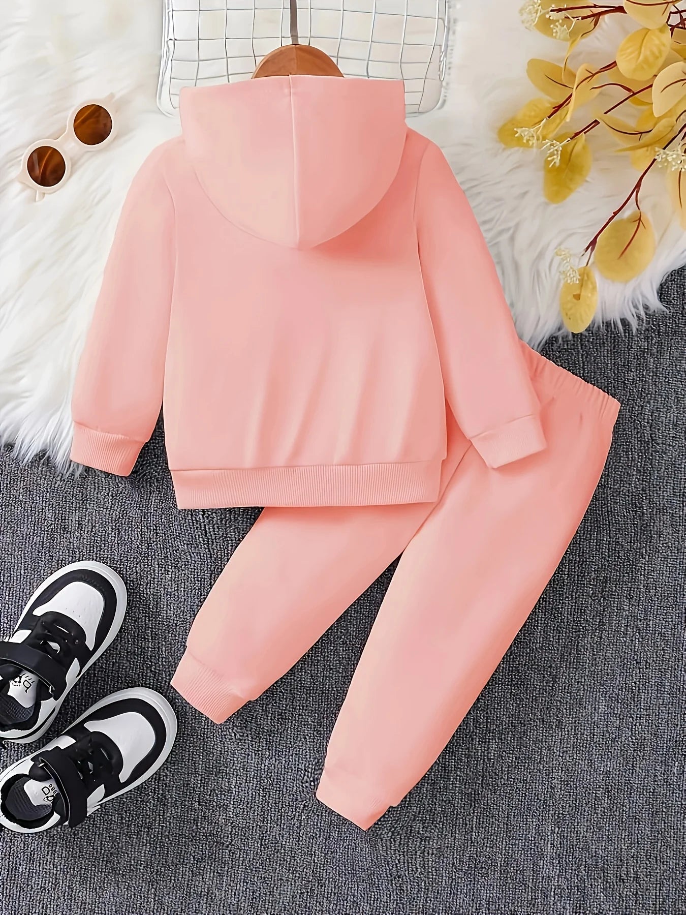 Adorable Baby Girl Cartoon Print Fleece Hoodie & Jogger Set - Perfect for Spring/Autumn Outdoor Activities