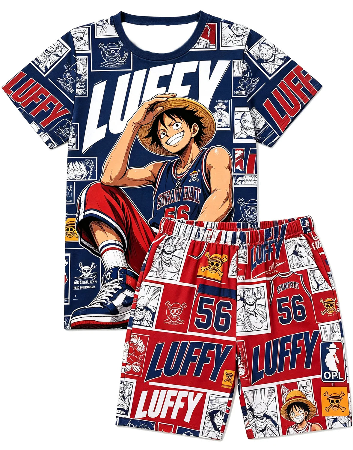 Bandai One Piece D Luffy Laugh Anime Print T-Shirt Drawstring Shorts