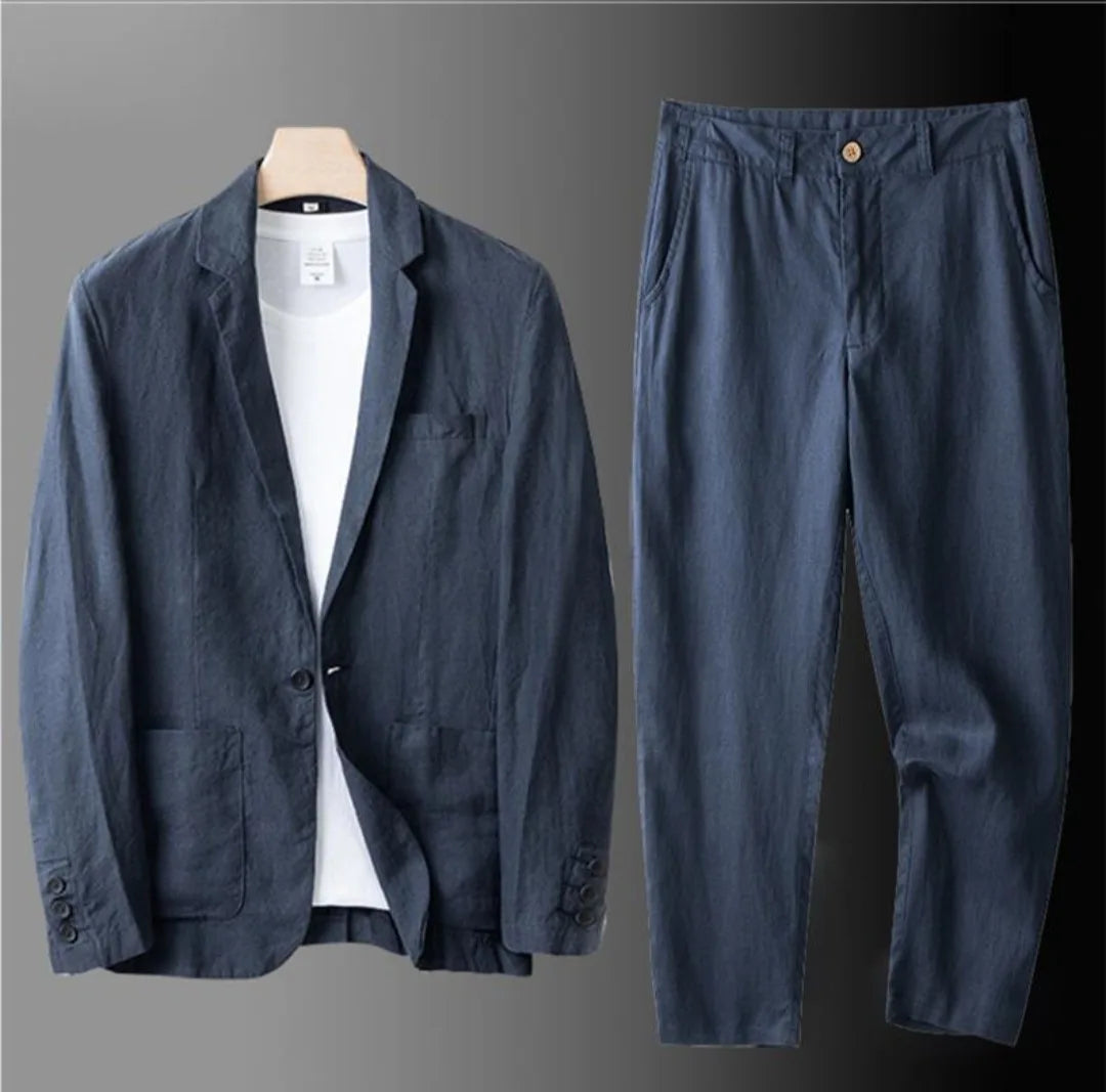 Cotton Linen Men's 2‑Piece Suit Lightweight Slim Fit Breathable Casual Suit Set for Office Wedding Sun Protection