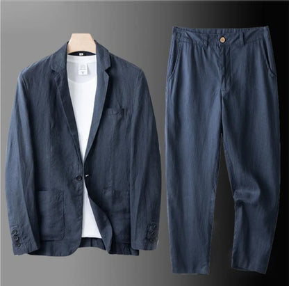 Cotton Linen Men's 2‑Piece Suit Lightweight Slim Fit Breathable Casual Suit Set for Office Wedding Sun Protection