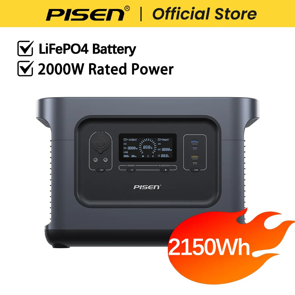 PISEN 2000W  (4200W Peak) Outdoor Power Station 2150Wh Lifepo4 Portable Solar Generator 110V/120V AC Output Portable Power Station for Outdoor Camping/ RV/ Home Backup Garden Party