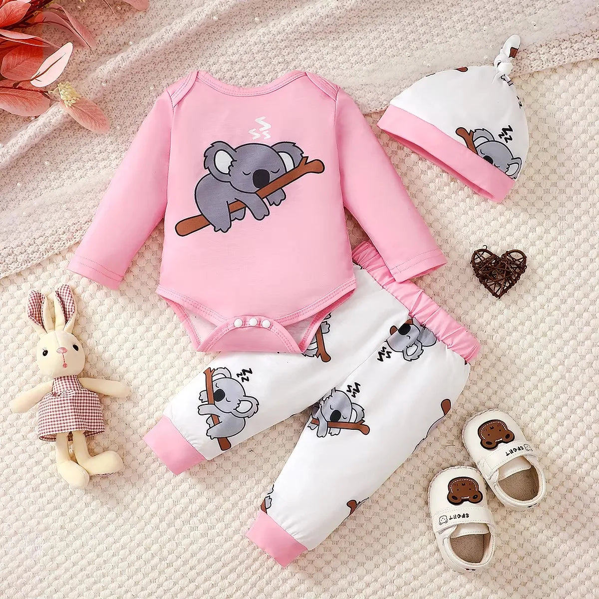 Newborn Baby Girl Clothing set Cute Koala Long Sleeve Top+ Pants+Hat 3PCS Outfits for 1-18 Months Infant Girl Spring&Autumn Wear