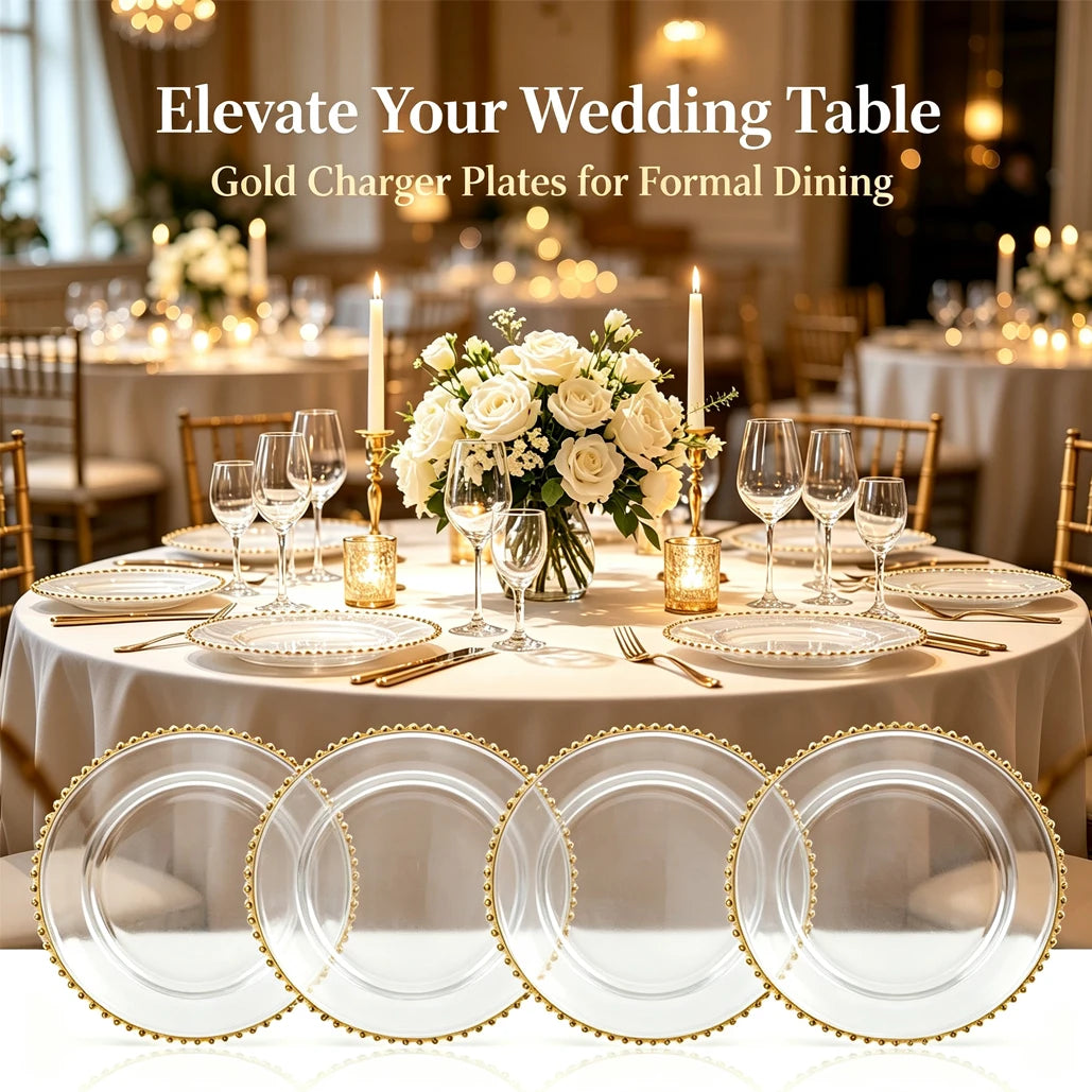 13 Inch Gold Beaded Clear Charger Plates Luxury Set for Wedding Table Dinner Birthday Party Reception Banquet Holiday Home Decor