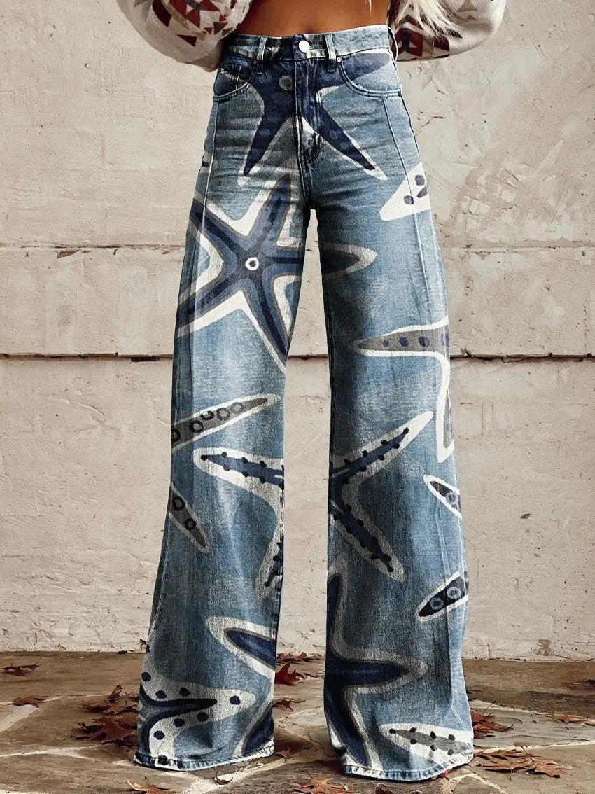 Women's 3D Printed Flare Jeans-Polyester Wide Leg Pants with Distressed Vintage Look, High Waist Comfort Fit for Street Fashion