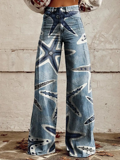 Women's 3D Printed Flare Jeans-Polyester Wide Leg Pants with Distressed Vintage Look, High Waist Comfort Fit for Street Fashion
