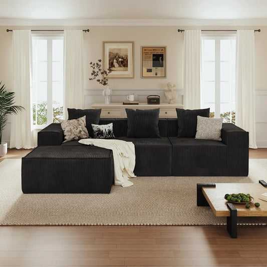 110” Sectional Couches for Living Room, 3 Seat Grey Corduroy