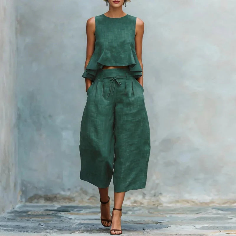 Spring Summer Vacation Outfits Woman 2026 Elegant O Neck Sleeveless Tank Top And Wide Leg Trousers Suit Casual Ruffle Loose Sets