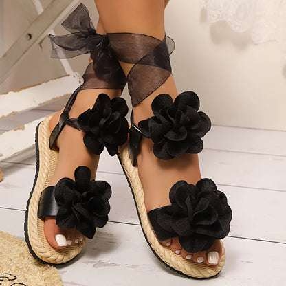 "Fairy-Style" Women's Platform Lace-Up Sandals: Adorned with Floral Accents for a Look That Is Both Cute and Elegant