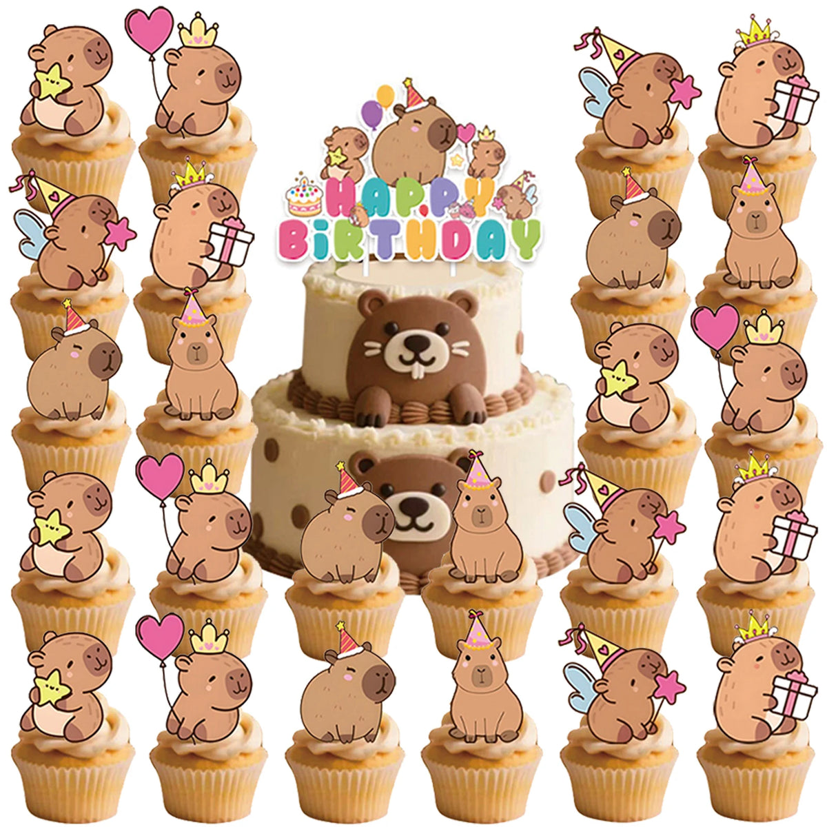 Lovely Cartoon Capybara Cake Topper Paper Birthday Dessert Inset Disposable Kids Birth Baby Shower Cupcake Toppers Party Supply