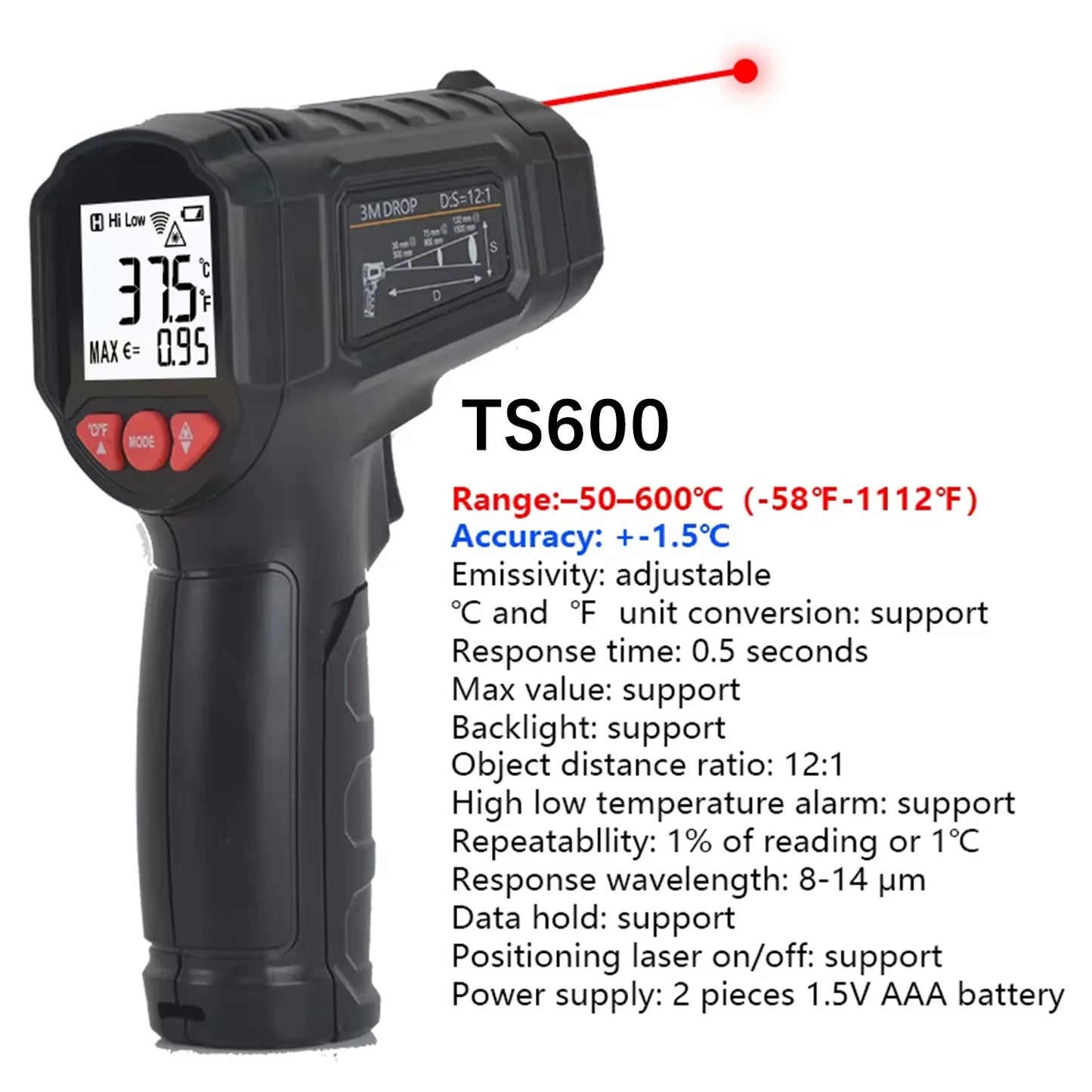 -50 to 800 Degree Mestek Digital Infrared Thermometer Laser Temperature Meter Non-contact Pyrometer Hygrometer IR Thermometer