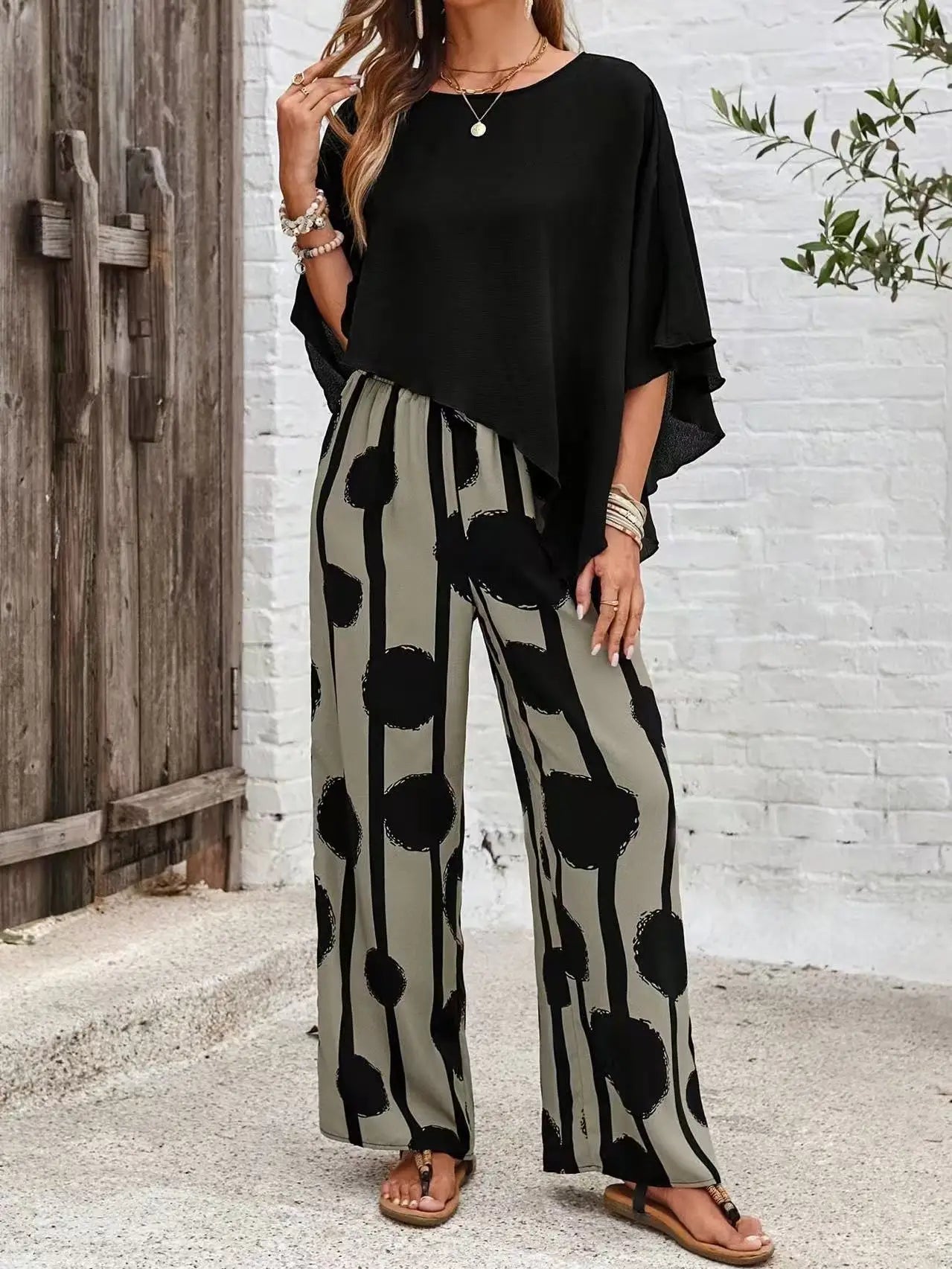 Summer Two Piece Set Printing Loose Casual Wide Leg Pants Loose Bat Short Sleeve Top Women Elastic High Waist Fashion Pants Set