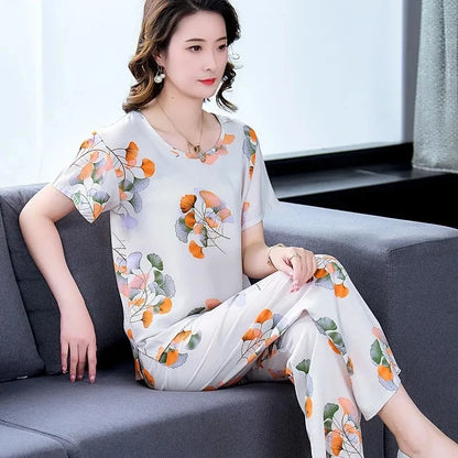 Cotton Silk Suit Summer Women's Sets New Casual Solid Color Short Sleeve Ankle-Length Pants 2 Piece Set Middle Age Mother Outfit