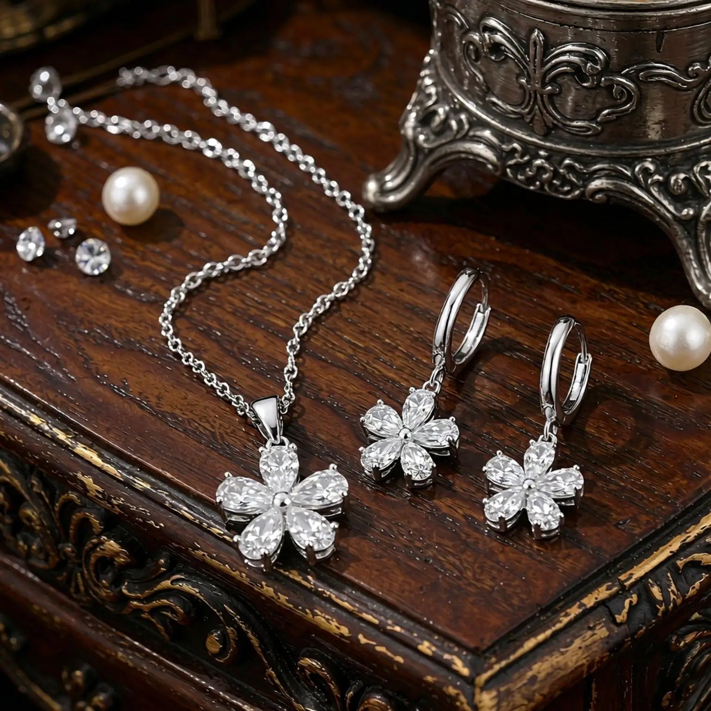 High Quality Solid 925 Sterling Silver Beautiful Flowers Drop Earrings Necklace Jewelry Sets For Women Female Wedding