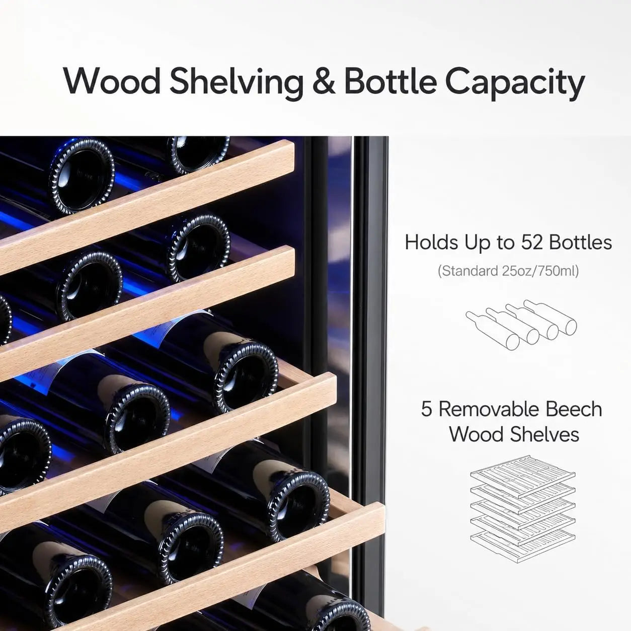 28-Bottle 24-Inch, 52-Bottle 24-Inch Wine Fridge Built-In Single-Zone Cooler | 41-64°F Digital Control, Compressor Cooling, Double-Pane Glass Door, LED Lighting, Lockable Door, Built-In or Freestanding