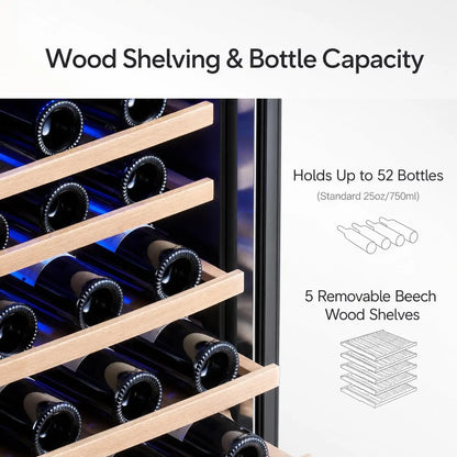 28-Bottle 24-Inch, 52-Bottle 24-Inch Wine Fridge Built-In Single-Zone Cooler | 41-64°F Digital Control, Compressor Cooling, Double-Pane Glass Door, LED Lighting, Lockable Door, Built-In or Freestanding