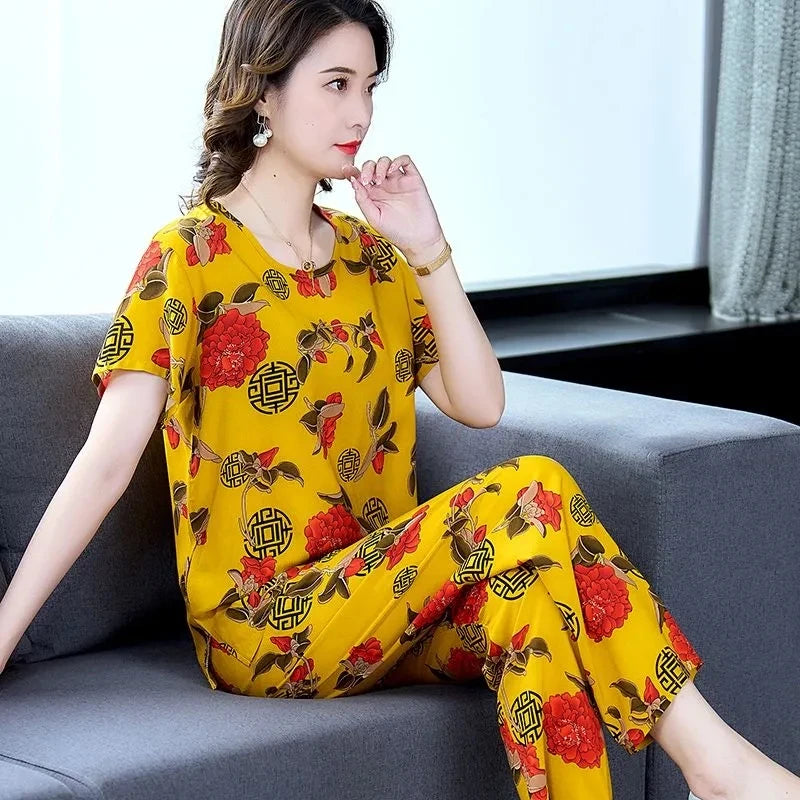 Cotton Silk Suit Summer Women's Sets New Casual Solid Color Short Sleeve Ankle-Length Pants 2 Piece Set Middle Age Mother Outfit