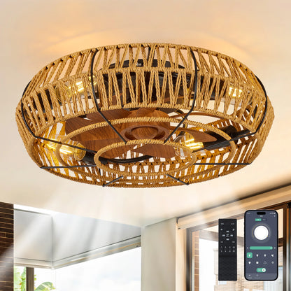 19" Caged Ceiling Fans with Lights and Remote, Boho Flush Mount Ceiling Fan with Light, Low Profile Chandelier 6 Speed Bladeless