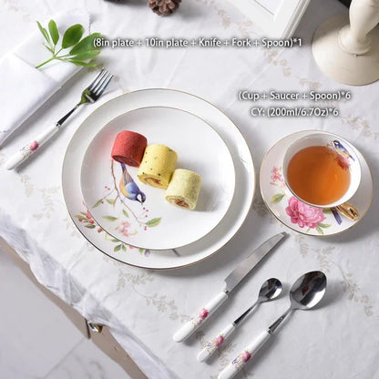 Europe Pastoral Bone China Tableware Set with Fork Knife Dishes Plates British Royal Advanced Porcelain Meal Cutlery Dinnerware