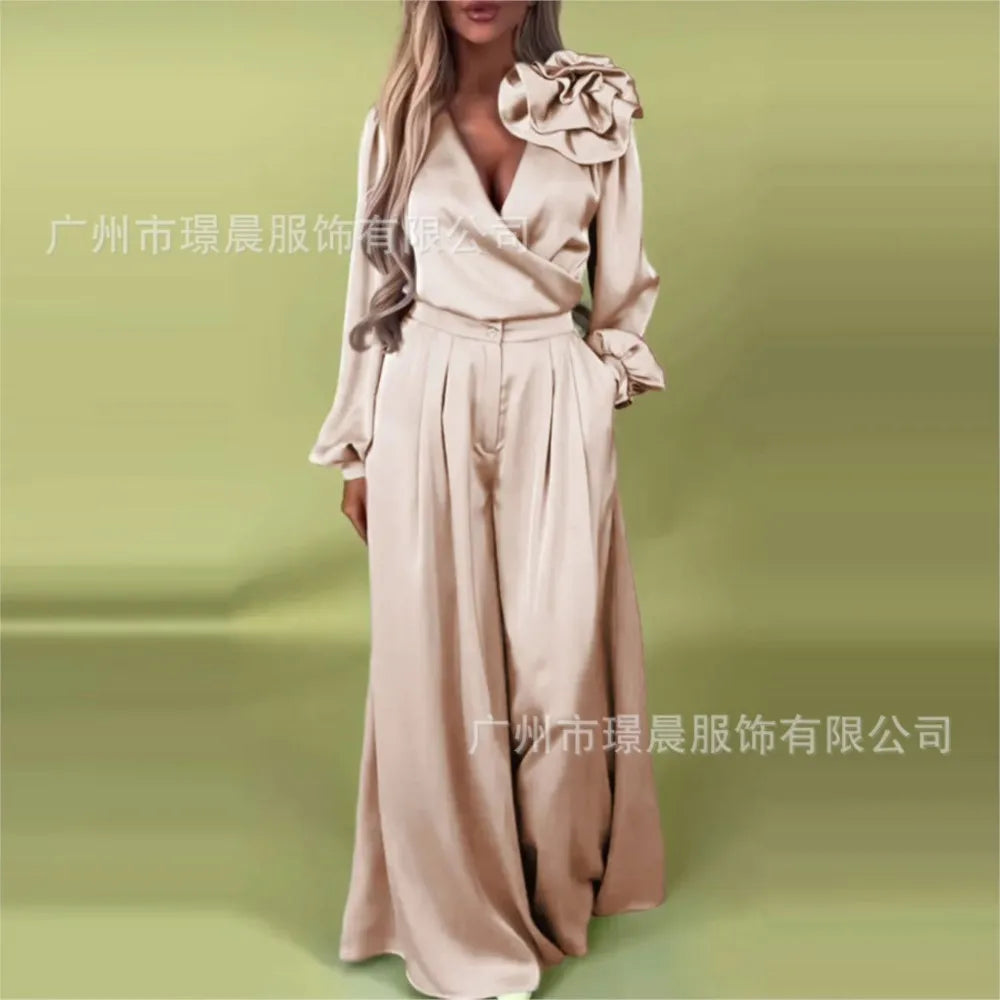 Fashion Solid Color Satin Long Sleeve Shirt Women 2 Piece Spring Autumn New Casual Loose Wide Leg Pants Pocket Female Office Set