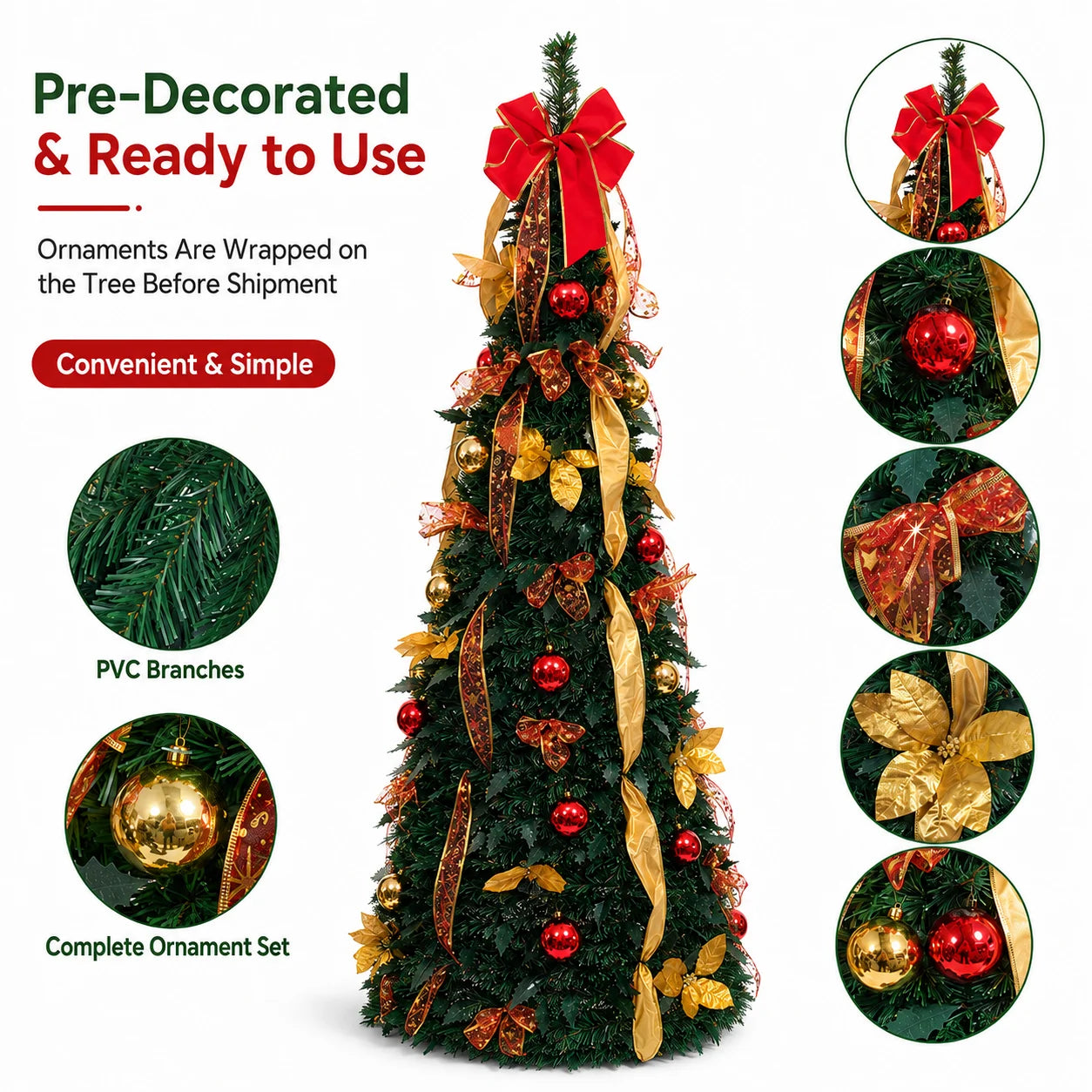 Pre Decorated Foldable Christmas Tree Artificial PVC Xmas Tree 5FT 6FT 7FT with Ornaments Space Saving Design LED Light Option