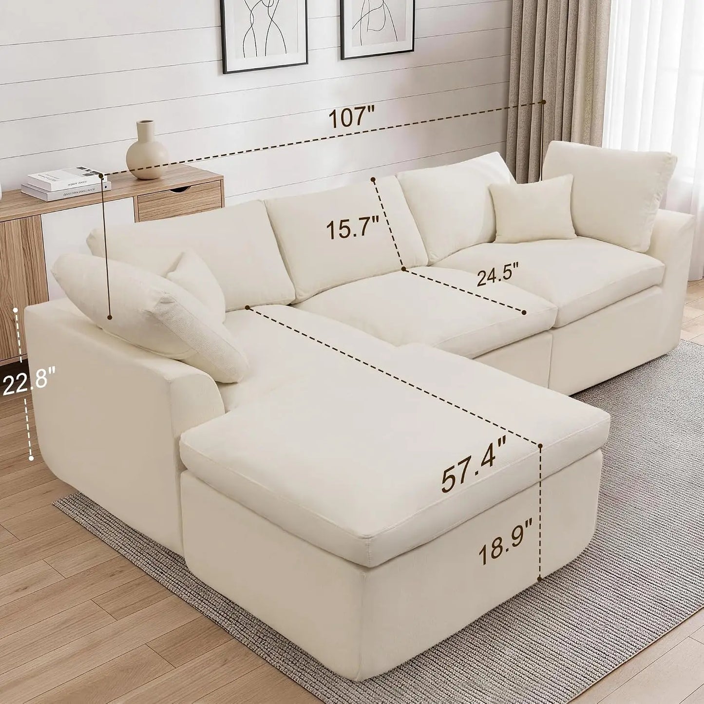 110" Modular Sectional Sofa with Ottoman, Deep Seat Fluffy Chenille L-Shape Couch for Living Room, Beige, Customized