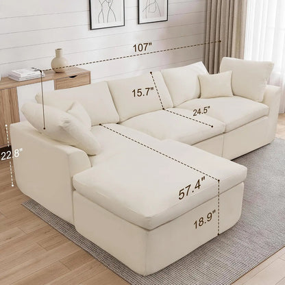 110" Modular Sectional Sofa with Ottoman, Deep Seat Fluffy Chenille L-Shape Couch for Living Room, Beige, Customized