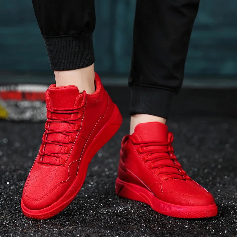 Keep Warm Men's Red High-Top Leather Skate Shoes Flat Lace-Up Sneakers Versatile Casual Streetwear Non-Slip Grip Sole Footwear