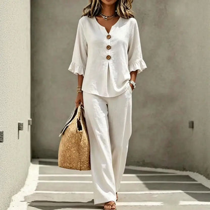 Summer 2 Piece Sets for Women Casual Ruffle 3/4 Sleeve V Neck Top And Wide Leg Pants Matching Set Loose Vacation Lounge Outfits