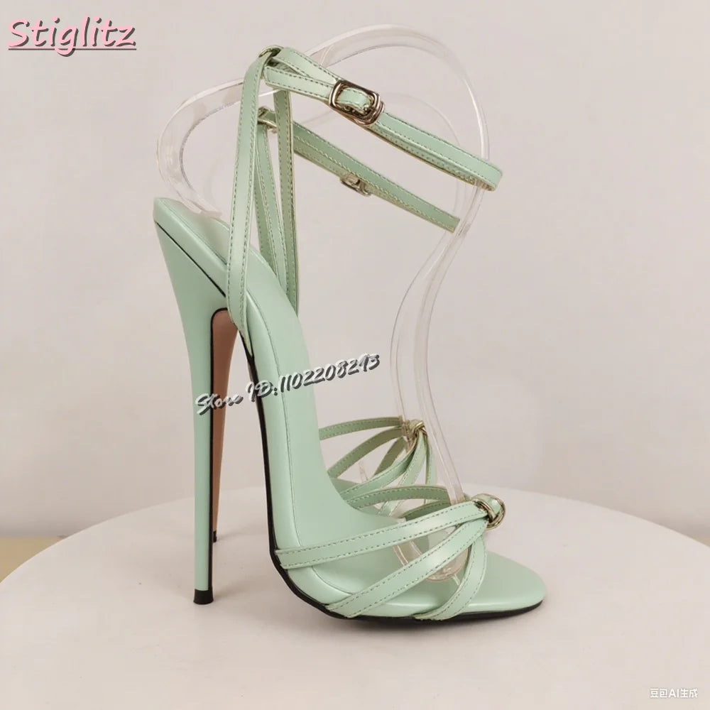 Sexy Gold Cross-tied Sandals Open Toe Shallow Super High Heels Fashion Buckle Straps Stiletto Catwalk Women Shoes Summer 2025