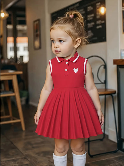 Vintage Red Sleeveless Polo Collar Dress - Heart Accent Pleated Skirt Girls Sweet Preppy Style Outfit