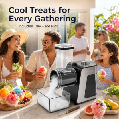 Electric snow cone machine for home, parties and events: stainless steel ice crusher with ice pick and tray, silver finish, pow