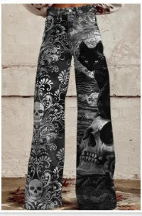 Women's 3D Printed Flare Jeans-Polyester Wide Leg Pants with Distressed Vintage Look, High Waist Comfort Fit for Street Fashion