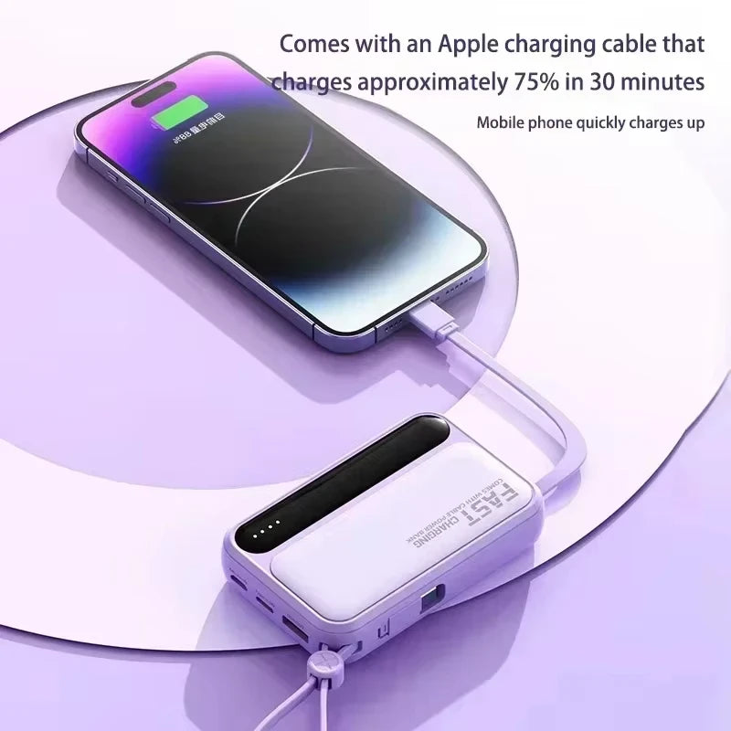 Lenovo Fast Charging Mini Battery Pack 50000mAh Power Bank with 4 Built-in Type C Cables for iPhone Samsung Android Devices