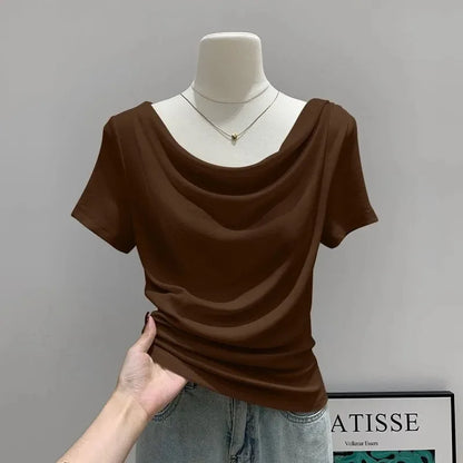 Summer Thin One Shoulder Short Sleeved T-shirt Feminine Temperament Summer Irregular Slim Fit Spicy Top Women Clothing