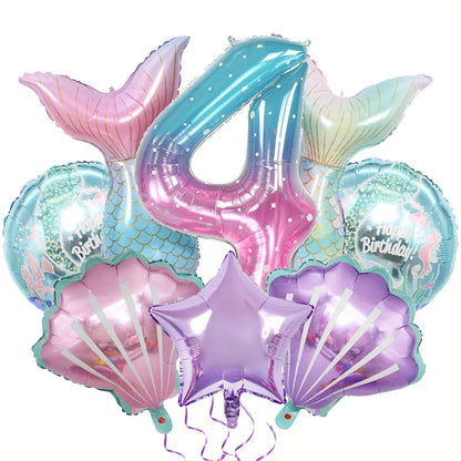 8pcs Mermaid Balloons set Shell Mermaid Foil Balloons 32inch Number Balloon 1-9 for Kids Girls 1-9th Birthday Party Decoration