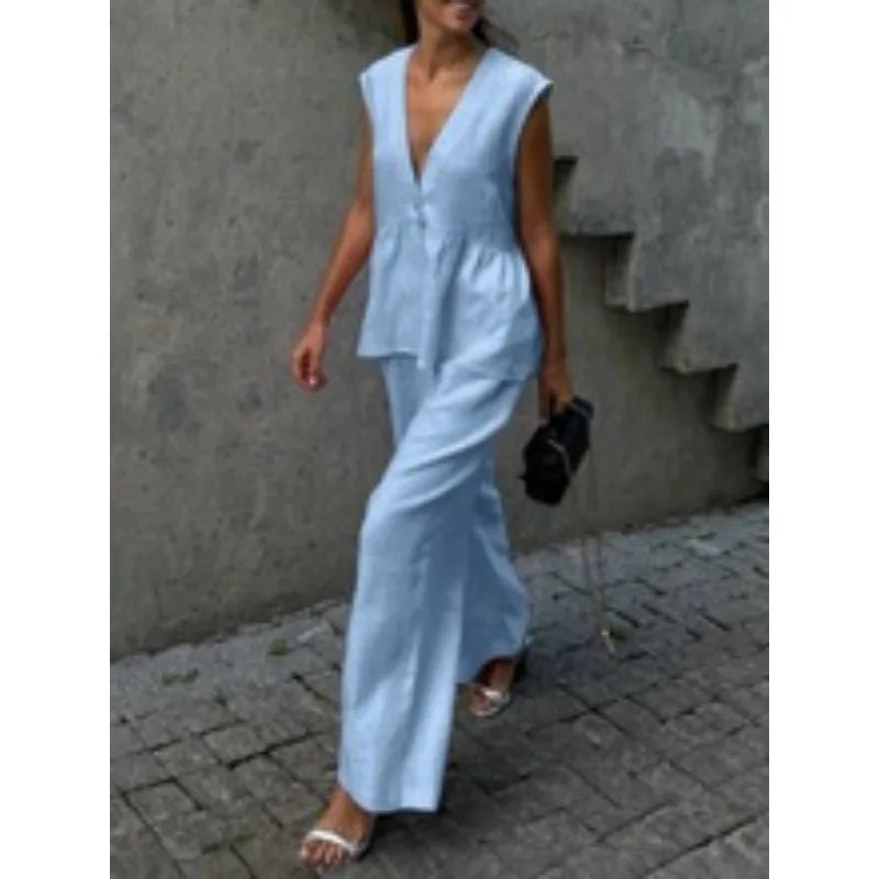 2026 V-neck sleeveless top, vest and long pants suit, solid-color two-piece set